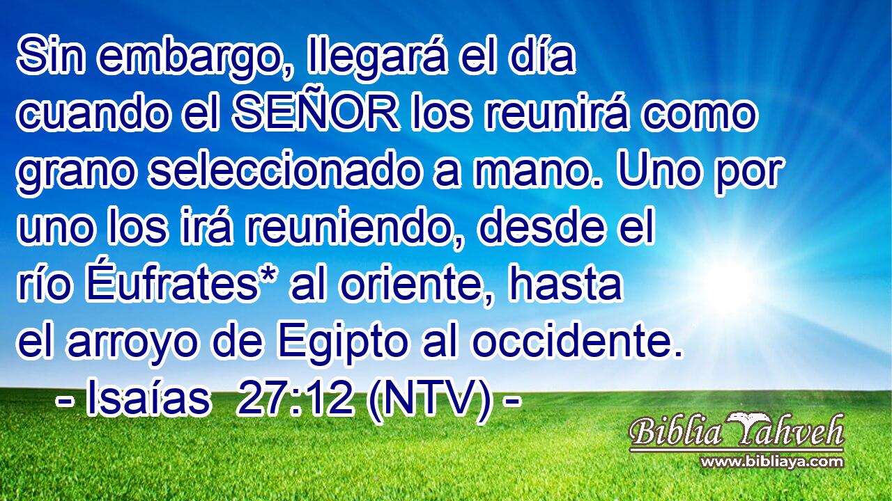 Sin embargo, llegará el día cuando el SEÑOR los reunirá como grano seleccionado a mano. Uno por uno los irá reuniendo, desde el río Éufrates* al oriente, hasta el arroyo de Egipto al occidente.