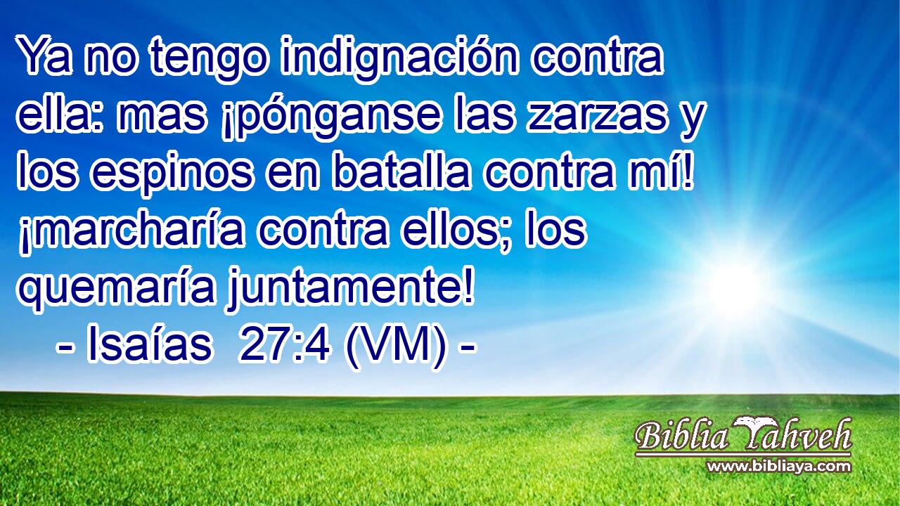  Ya no tengo indignación contra ella: mas ¡pónganse las zarzas y los espinos en batalla contra mí! ¡marcharía contra ellos; los quemaría juntamente! 