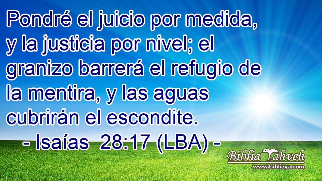 Pondré el juicio por medida, y la justicia por nivel; el granizo barrerá el refugio de la mentira, y las aguas cubrirán el escondite.
