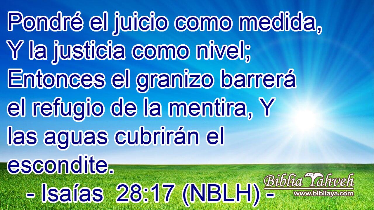 Pondré el juicio como medida, Y la justicia como nivel; Entonces el granizo barrerá el refugio de la mentira, Y las aguas cubrirán el escondite. 