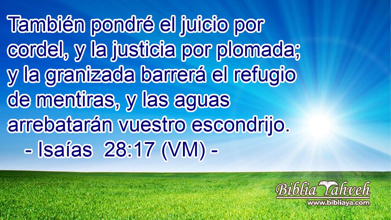  También pondré el juicio por cordel, y la justicia por plomada; y la granizada barrerá el refugio de mentiras, y las aguas arrebatarán vuestro escondrijo. 