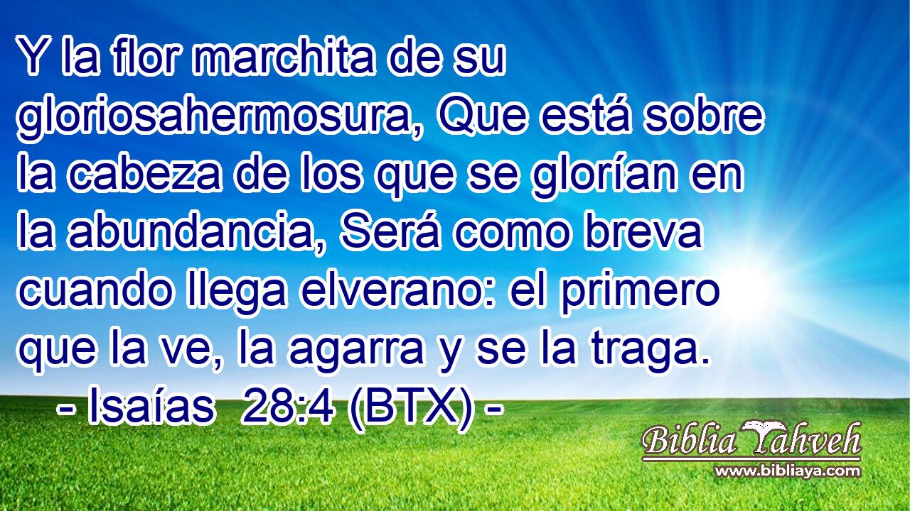 Y la flor marchita de su gloriosahermosura, Que está sobre la cabeza de los que se glorían en la abundancia, Será como breva cuando llega elverano: el primero que la ve, la agarra y se la traga.