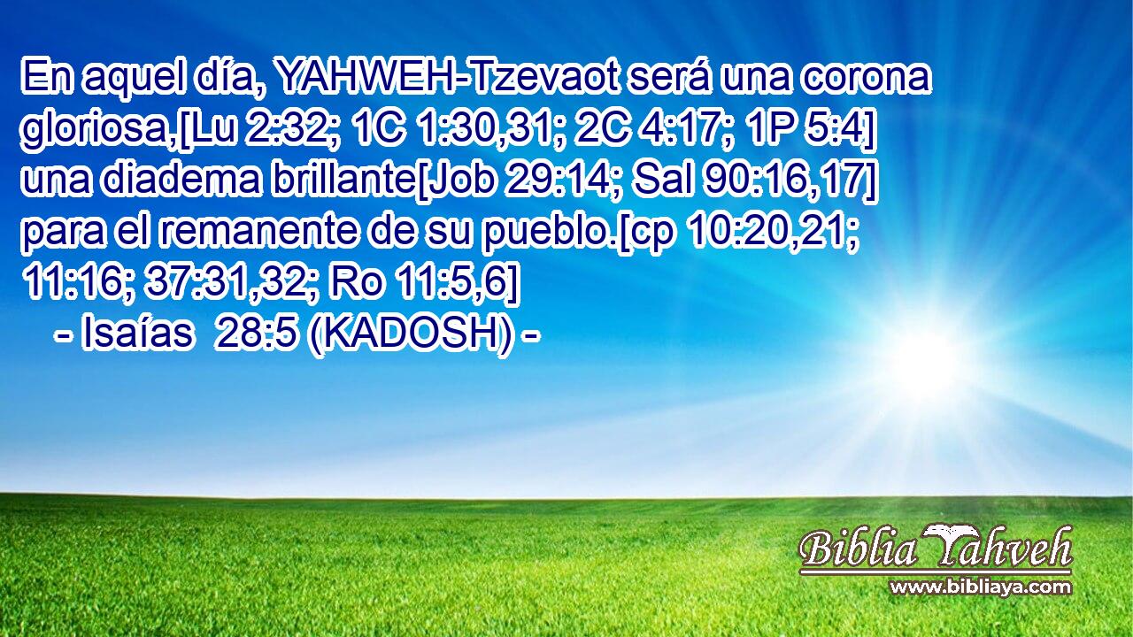  En aquel día, YAHWEH-Tzevaot será una corona gloriosa,[Lu 2:32; 1C 1:30,31; 2C 4:17; 1P 5:4] una diadema brillante[Job 29:14; Sal 90:16,17] para el remanente de su pueblo.[cp 10:20,21; 11:16; 37:31,32; Ro 11:5,6] 