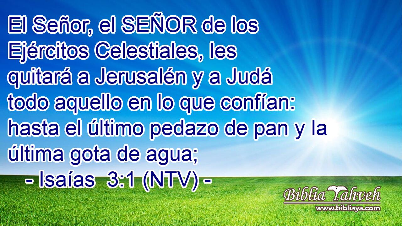 El Señor, el SEÑOR de los Ejércitos Celestiales, les quitará a Jerusalén y a Judá todo aquello en lo que confían: hasta el último pedazo de pan y la última gota de agua;