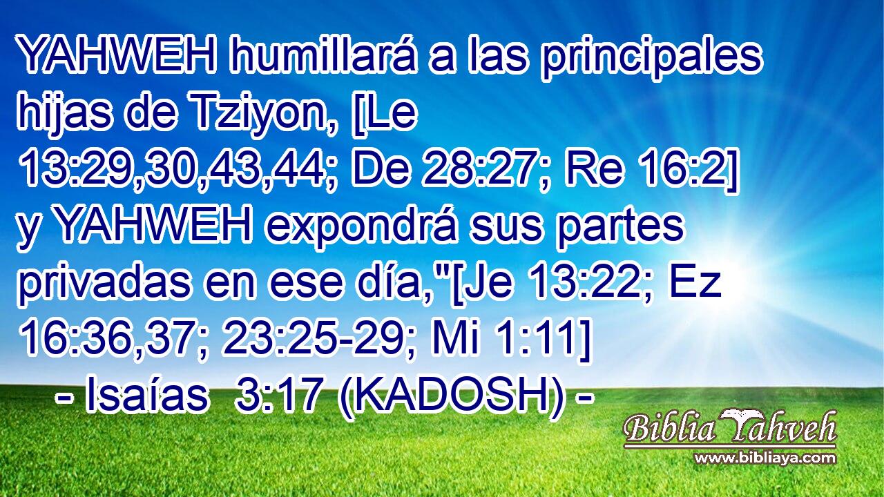  YAHWEH humillará a las principales hijas de Tziyon, [Le 13:29,30,43,44; De 28:27; Re 16:2] y YAHWEH expondrá sus partes privadas en ese día,