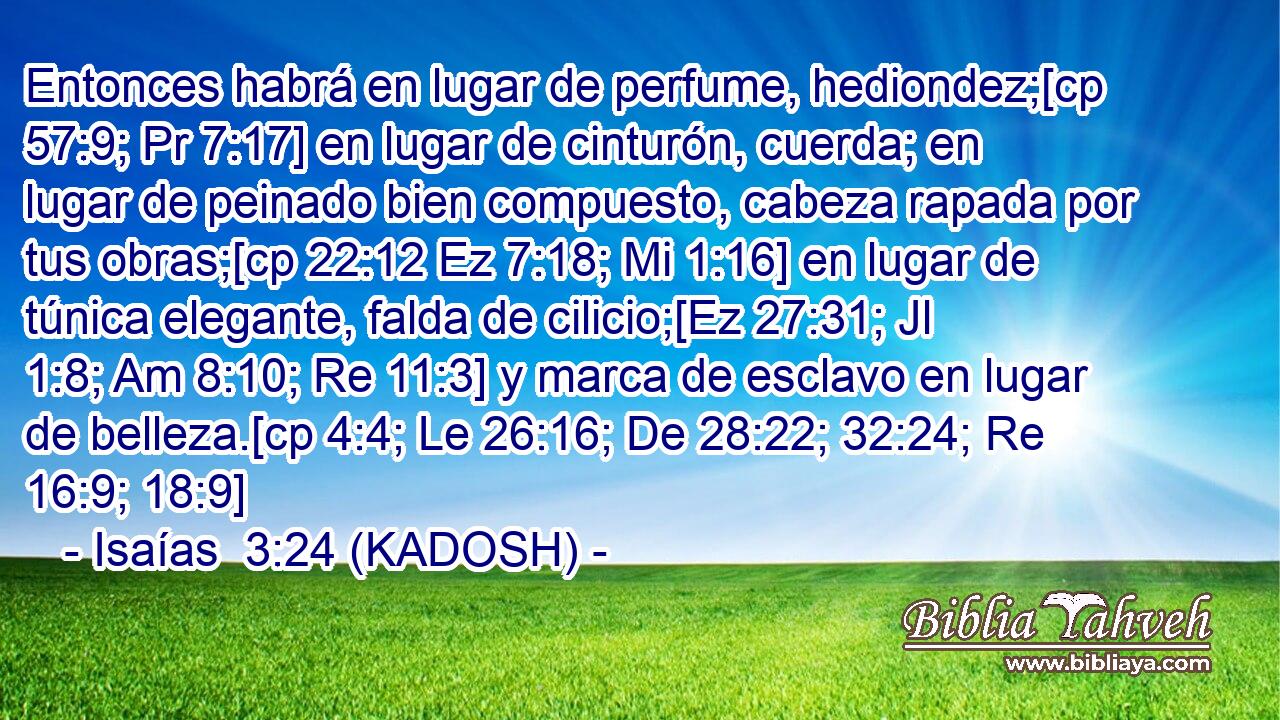  Entonces habrá en lugar de perfume, hediondez;[cp 57:9; Pr 7:17] en lugar de cinturón, cuerda; en lugar de peinado bien compuesto, cabeza rapada por tus obras;[cp 22:12 Ez 7:18; Mi 1:16] en lugar de túnica elegante, falda de cilicio;[Ez 27:31; Jl 1:8; Am 8:10; Re 11:3] y marca de esclavo en lugar de belleza.[cp 4:4; Le 26:16; De 28:22; 32:24; Re 16:9; 18:9] 