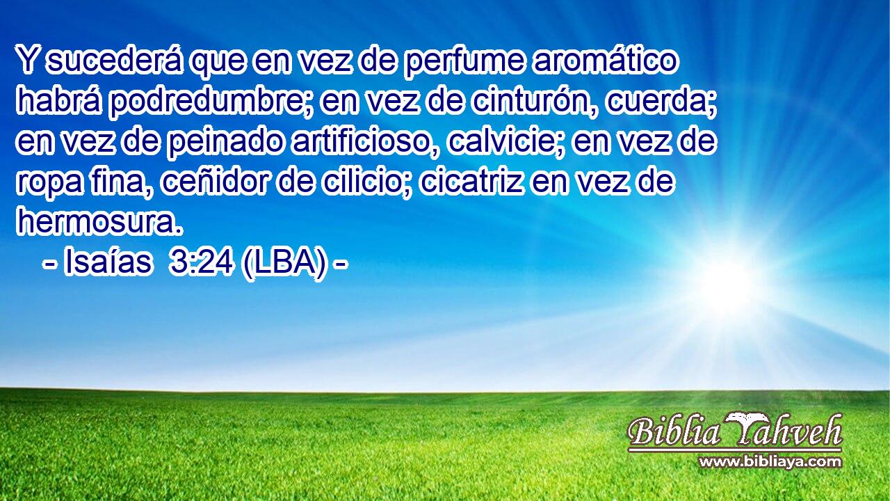 Y sucederá que en vez de perfume aromático habrá podredumbre; en vez de cinturón, cuerda; en vez de peinado artificioso, calvicie; en vez de ropa fina, ceñidor de cilicio; cicatriz en vez de hermosura.