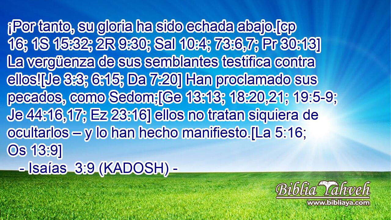  ¡Por tanto, su gloria ha sido echada abajo.[cp 16; 1S 15:32; 2R 9:30; Sal 10:4; 73:6,7; Pr 30:13] La vergüenza de sus semblantes testifica contra ellos![Je 3:3; 6:15; Da 7:20] Han proclamado sus pecados, como Sedom;[Ge 13:13; 18:20,21; 19:5-9; Je 44:16,17; Ez 23:16] ellos no tratan siquiera de ocultarlos – y lo han hecho manifiesto.[La 5:16; Os 13:9] 