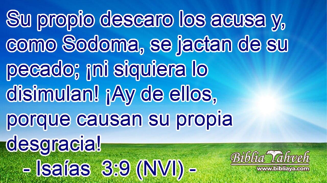  Su propio descaro los acusa y, como Sodoma, se jactan de su pecado; ¡ni siquiera lo disimulan! ¡Ay de ellos, porque causan su propia desgracia! 