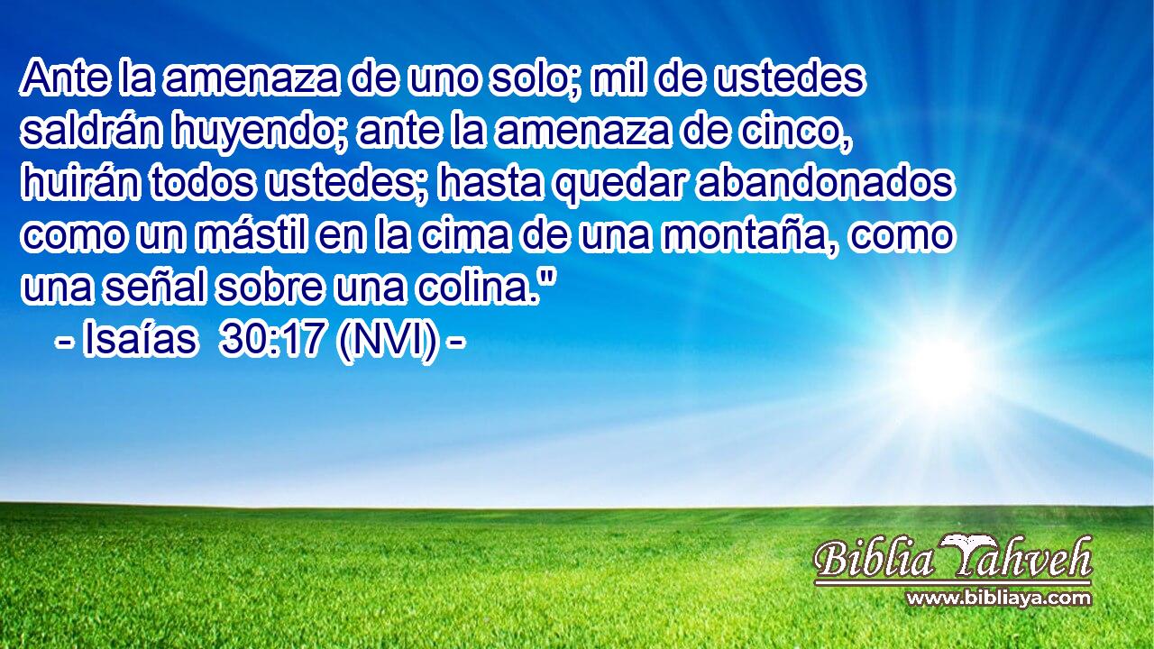  Ante la amenaza de uno solo; mil de ustedes saldrán huyendo; ante la amenaza de cinco, huirán todos ustedes; hasta quedar abandonados como un mástil en la cima de una montaña, como una señal sobre una colina.