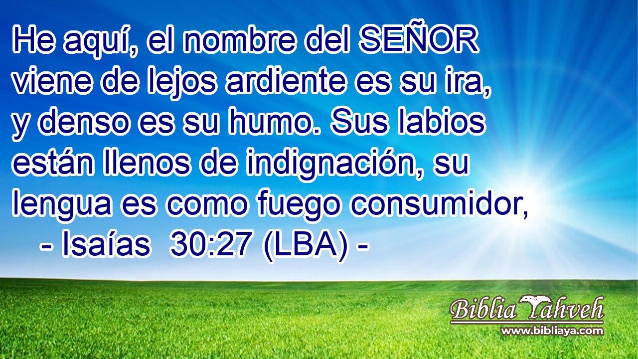 He aquí, el nombre del SEÑOR viene de lejos ardiente es su ira, y denso es su humo. Sus labios están llenos de indignación, su lengua es como fuego consumidor,