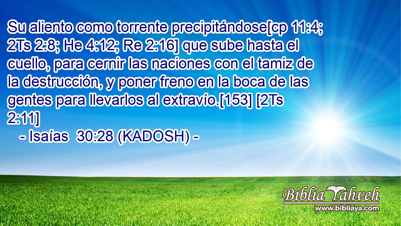  Su aliento como torrente precipitándose[cp 11:4; 2Ts 2:8; He 4:12; Re 2:16] que sube hasta el cuello, para cernir las naciones con el tamiz de la destrucción, y poner freno en la boca de las gentes para llevarlos al extravío.[153] [2Ts 2:11] 