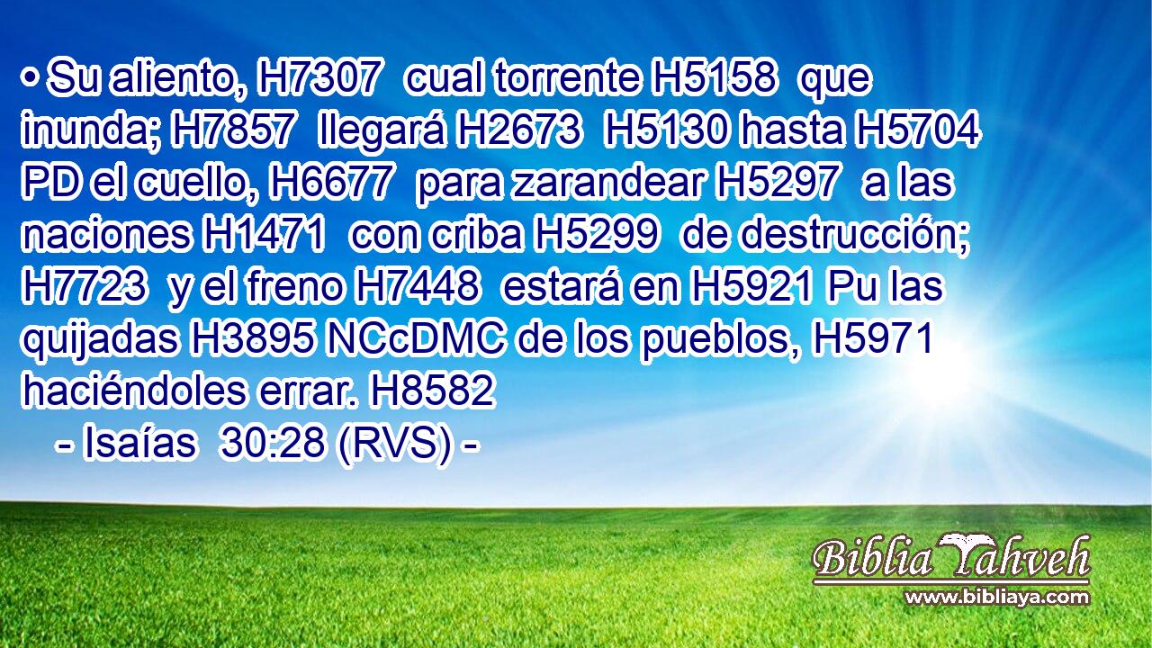 • Su aliento, H7307  cual torrente H5158  que inunda; H7857  llegará H2673  H5130 hasta H5704 PD el cuello, H6677  para zarandear H5297  a las naciones H1471  con criba H5299  de destrucción; H7723  y el freno H7448  estará en H5921 Pu las quijadas H3895 NCcDMC de los pueblos, H5971  haciéndoles errar. H8582  