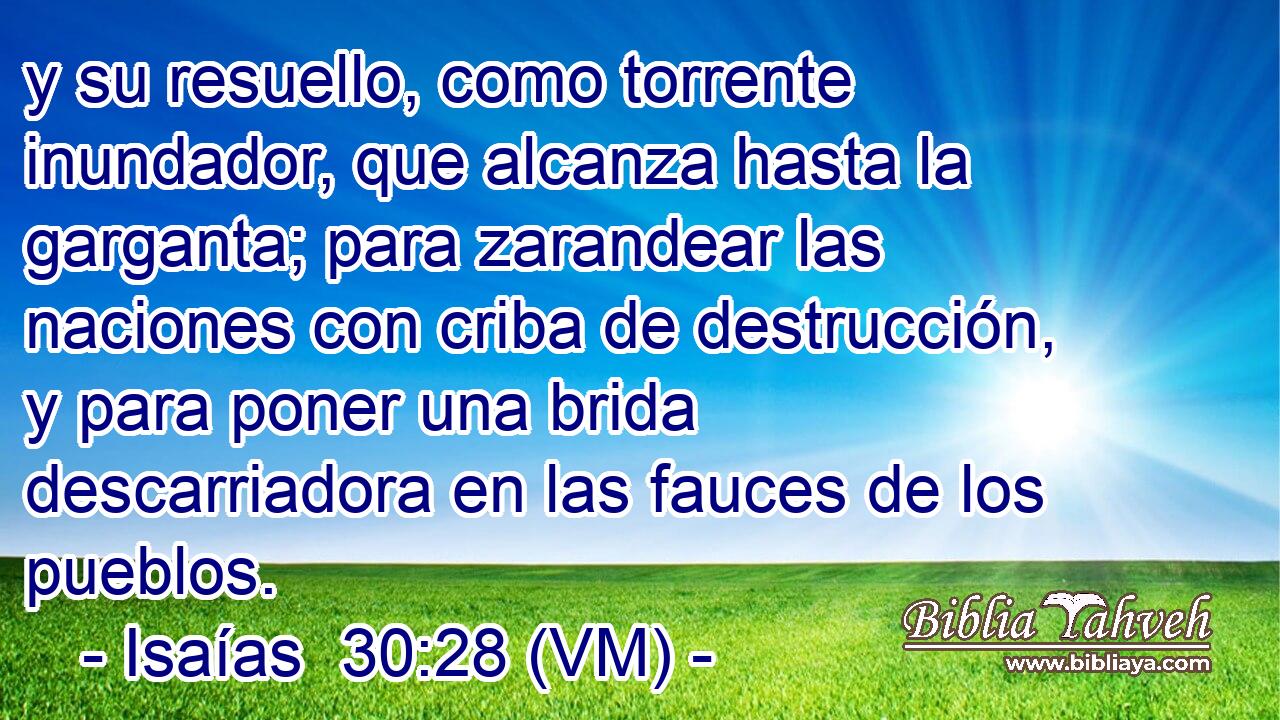 y su resuello, como torrente inundador, que alcanza hasta la garganta; para zarandear las naciones con criba de destrucción, y para poner una brida descarriadora en las fauces de los pueblos. 