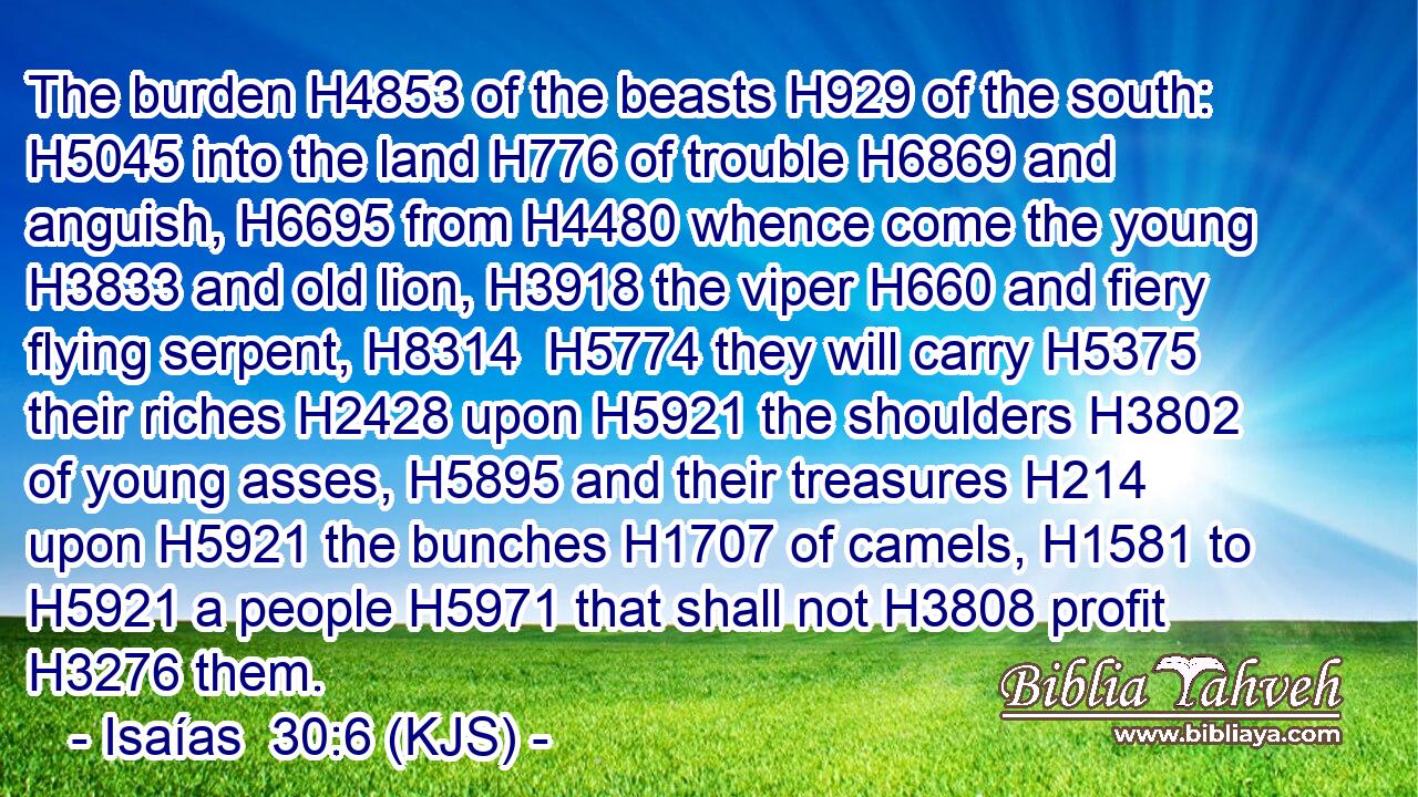 The burden H4853 of the beasts H929 of the south: H5045 into the land H776 of trouble H6869 and anguish, H6695 from H4480 whence come the young H3833 and old lion, H3918 the viper H660 and fiery flying serpent, H8314  H5774 they will carry H5375 their riches H2428 upon H5921 the shoulders H3802 of young asses, H5895 and their treasures H214 upon H5921 the bunches H1707 of camels, H1581 to H5921 a people H5971 that shall not H3808 profit H3276 them.