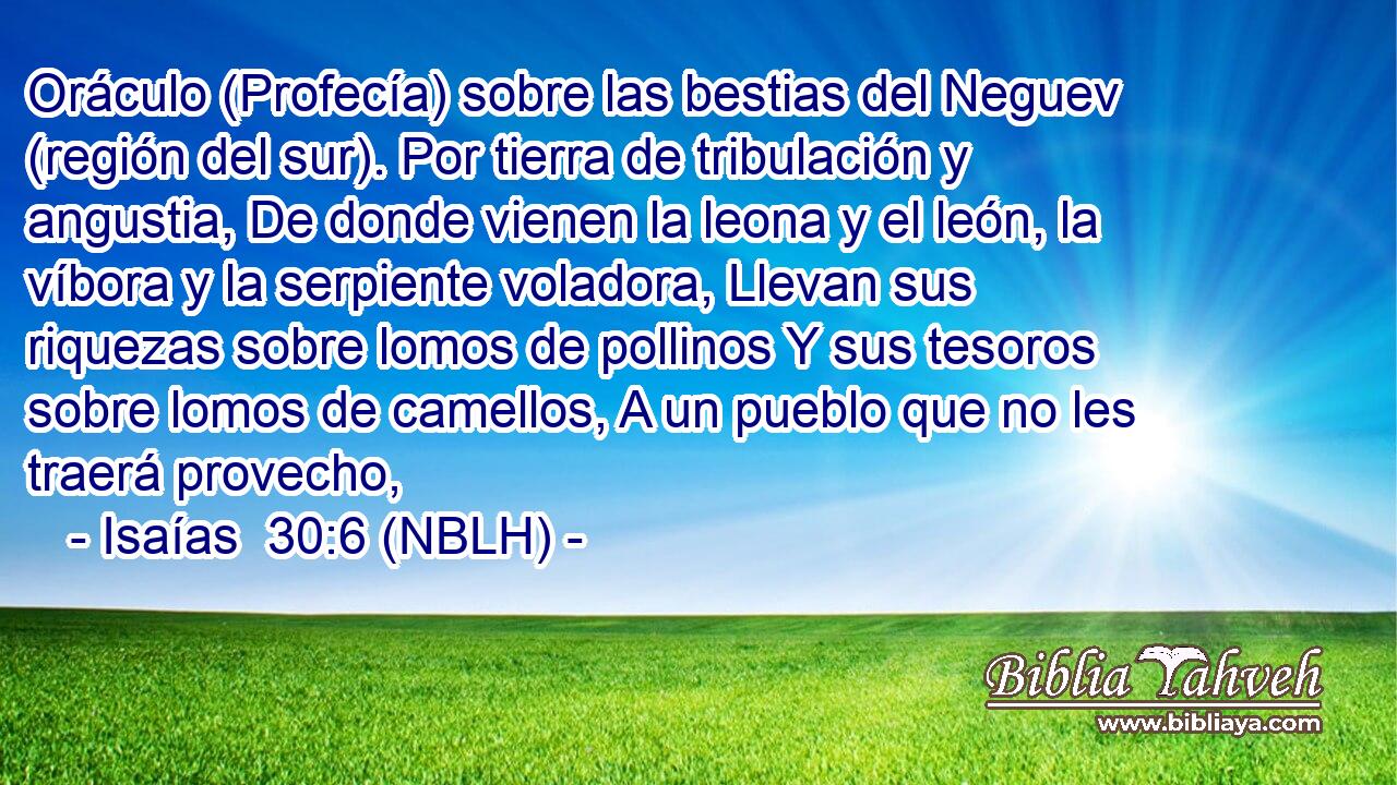  Oráculo (Profecía) sobre las bestias del Neguev (región del sur). Por tierra de tribulación y angustia, De donde vienen la leona y el león, la víbora y la serpiente voladora, Llevan sus riquezas sobre lomos de pollinos Y sus tesoros sobre lomos de camellos, A un pueblo que no les traerá provecho, 