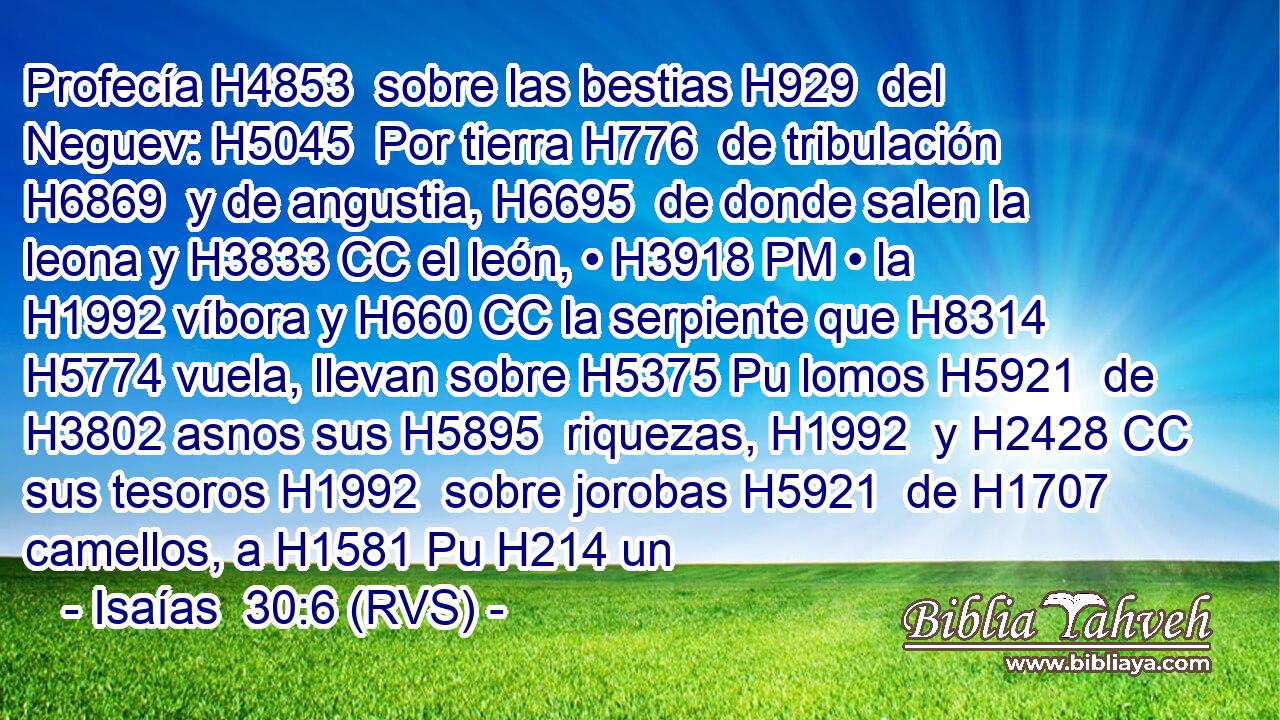 Profecía H4853  sobre las bestias H929  del Neguev: H5045  Por tierra H776  de tribulación H6869  y de angustia, H6695  de donde salen la leona y H3833 CC el león, • H3918 PM • la H1992 víbora y H660 CC la serpiente que H8314 H5774 vuela, llevan sobre H5375 Pu lomos H5921  de H3802 asnos sus H5895  riquezas, H1992  y H2428 CC sus tesoros H1992  sobre jorobas H5921  de H1707 camellos, a H1581 Pu H214 un