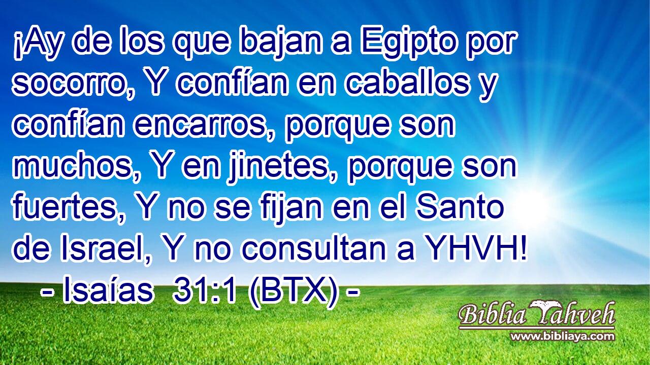 ¡Ay de los que bajan a Egipto por socorro, Y confían en caballos y confían encarros, porque son muchos, Y en jinetes, porque son fuertes, Y no se fijan en el Santo de Israel, Y no consultan a YHVH!