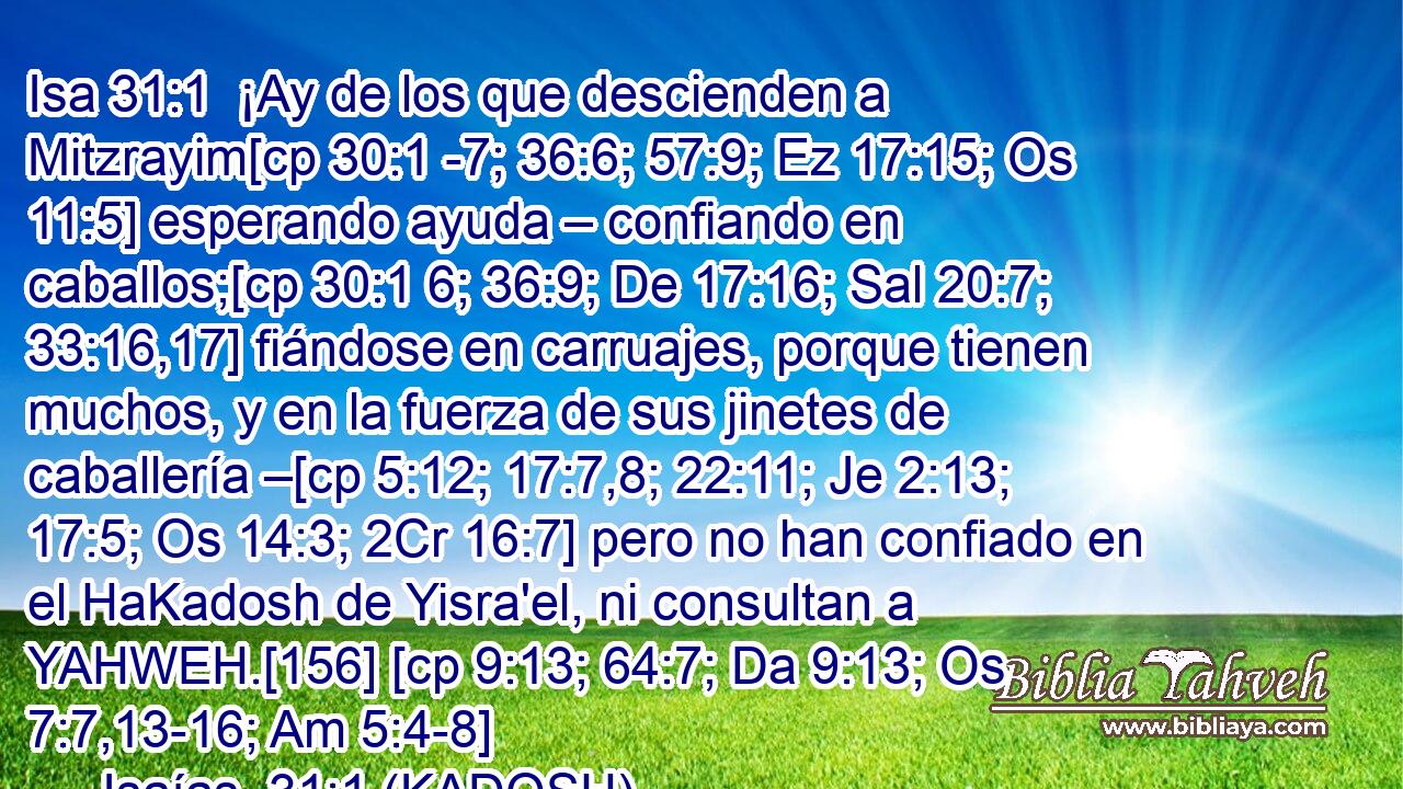  ¡Ay de los que descienden a Mitzrayim[cp 30:1 -7; 36:6; 57:9; Ez 17:15; Os 11:5] esperando ayuda – confiando en caballos;[cp 30:1 6; 36:9; De 17:16; Sal 20:7; 33:16,17] fiándose en carruajes, porque tienen muchos, y en la fuerza de sus jinetes de caballería –[cp 5:12; 17:7,8; 22:11; Je 2:13; 17:5; Os 14:3; 2Cr 16:7] pero no han confiado en el HaKadosh de Yisra'el, ni consultan a YAHWEH.[156] [cp 9:13; 64:7; Da 9:13; Os 7:7,13-16; Am 5:4-8] 