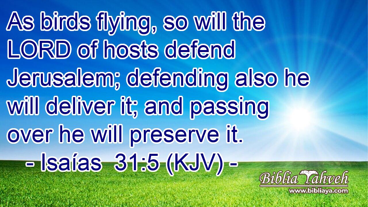 As birds flying, so will the LORD of hosts defend Jerusalem; defending also he will deliver it; and passing over he will preserve it.