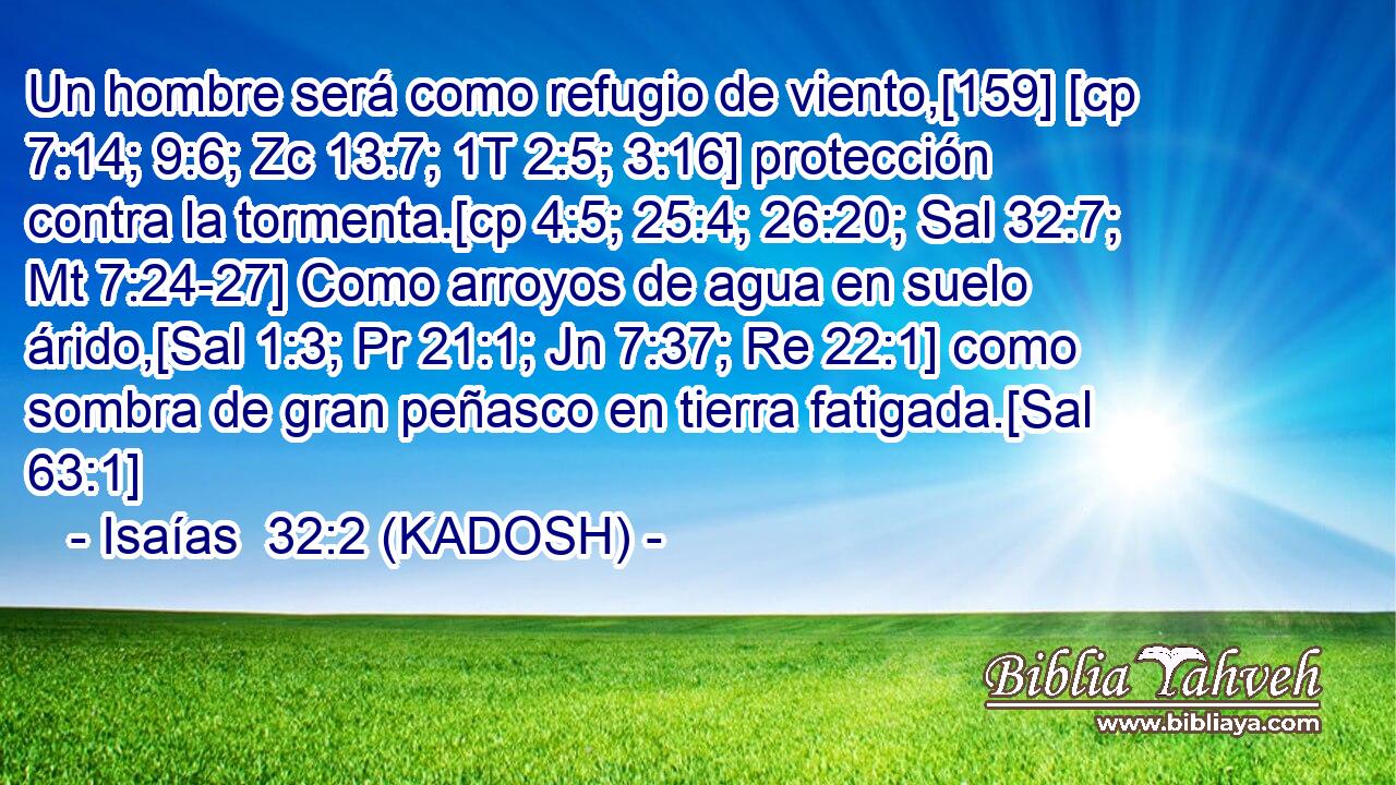  Un hombre será como refugio de viento,[159] [cp 7:14; 9:6; Zc 13:7; 1T 2:5; 3:16] protección contra la tormenta.[cp 4:5; 25:4; 26:20; Sal 32:7; Mt 7:24-27] Como arroyos de agua en suelo árido,[Sal 1:3; Pr 21:1; Jn 7:37; Re 22:1] como sombra de gran peñasco en tierra fatigada.[Sal 63:1] 