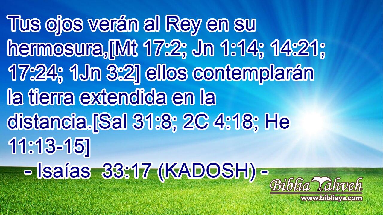  Tus ojos verán al Rey en su hermosura,[Mt 17:2; Jn 1:14; 14:21; 17:24; 1Jn 3:2] ellos contemplarán la tierra extendida en la distancia.[Sal 31:8; 2C 4:18; He 11:13-15] 