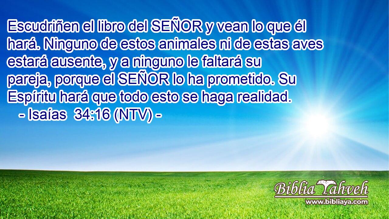 Escudriñen el libro del SEÑOR y vean lo que él hará. Ninguno de estos animales ni de estas aves estará ausente, y a ninguno le faltará su pareja, porque el SEÑOR lo ha prometido. Su Espíritu hará que todo esto se haga realidad.