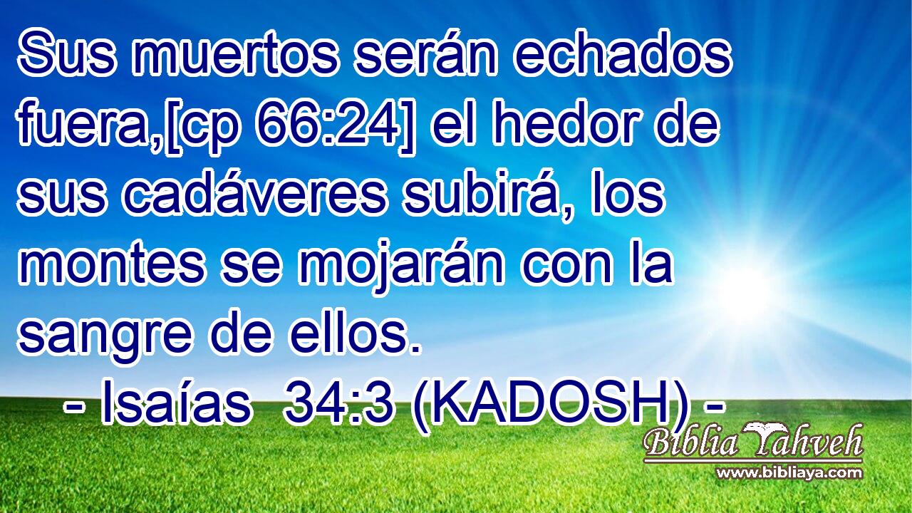  Sus muertos serán echados fuera,[cp 66:24] el hedor de sus cadáveres subirá, los montes se mojarán con la sangre de ellos. 
