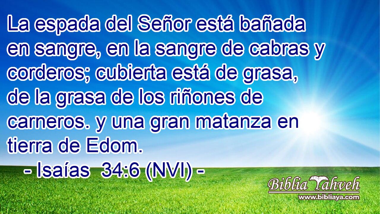  La espada del Señor está bañada en sangre, en la sangre de cabras y corderos; cubierta está de grasa, de la grasa de los riñones de carneros. y una gran matanza en tierra de Edom. 