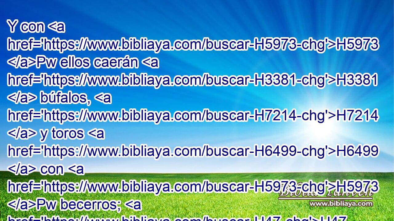 Y con H5973 Pw ellos caerán H3381  búfalos, H7214  y toros H6499  con H5973 Pw becerros; H47  y su tierra H776  se embriagará H7301  de sangre, H1818  y su polvo H6083  se engrasará H1878  de grosura. H2459  