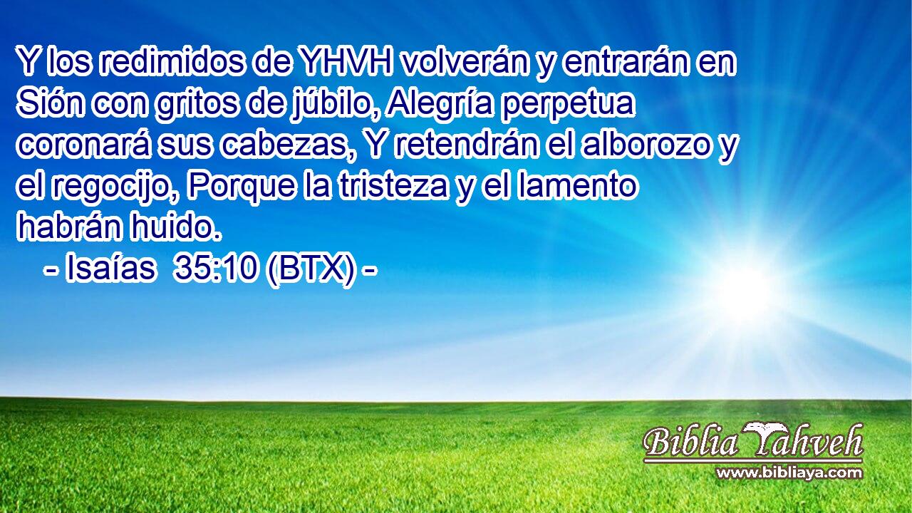 Y los redimidos de YHVH volverán y entrarán en Sión con gritos de júbilo, Alegría perpetua coronará sus cabezas, Y retendrán el alborozo y el regocijo, Porque la tristeza y el lamento habrán huido.