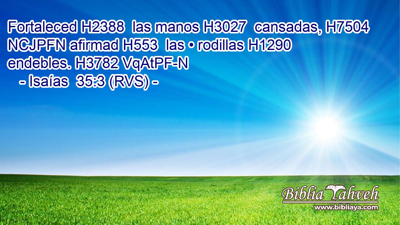 Fortaleced H2388  las manos H3027  cansadas, H7504 NCJPFN afirmad H553  las • rodillas H1290  endebles. H3782 VqAtPF-N 