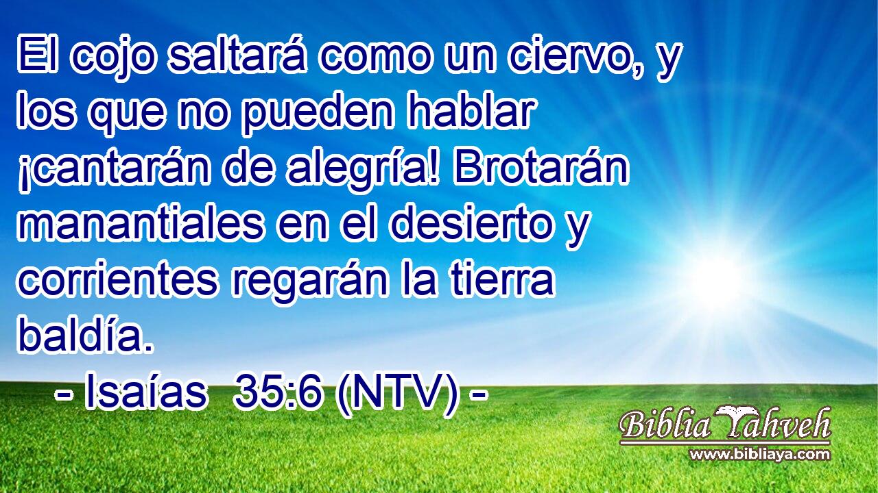 El cojo saltará como un ciervo, y los que no pueden hablar ¡cantarán de alegría! Brotarán manantiales en el desierto y corrientes regarán la tierra baldía.