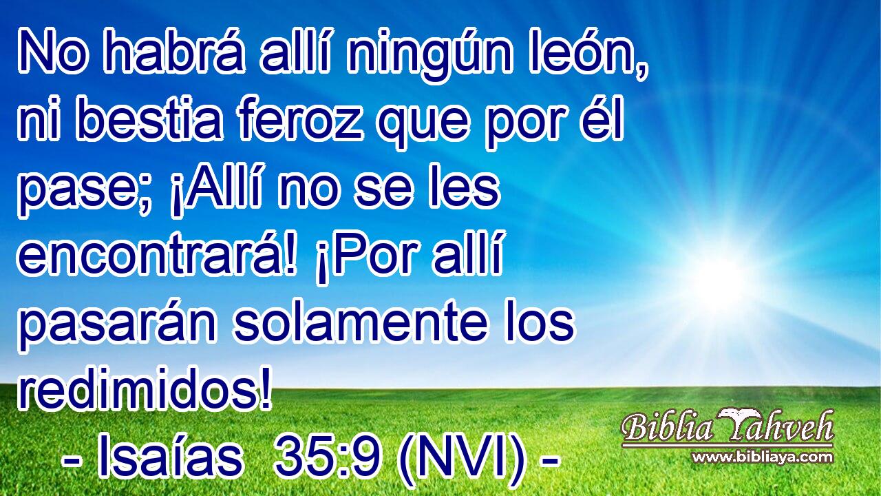  No habrá allí ningún león, ni bestia feroz que por él pase; ¡Allí no se les encontrará! ¡Por allí pasarán solamente los redimidos! 