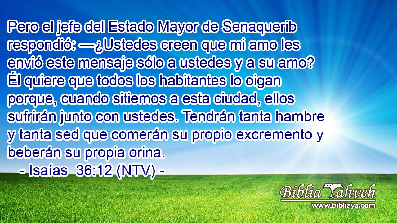 Pero el jefe del Estado Mayor de Senaquerib respondió: —¿Ustedes creen que mi amo les envió este mensaje sólo a ustedes y a su amo? Él quiere que todos los habitantes lo oigan porque, cuando sitiemos a esta ciudad, ellos sufrirán junto con ustedes. Tendrán tanta hambre y tanta sed que comerán su propio excremento y beberán su propia orina.