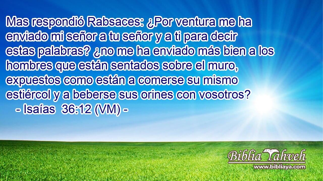  Mas respondió Rabsaces: ¿Por ventura me ha enviado mi señor a tu señor y a ti para decir estas palabras? ¿no me ha enviado más bien a los hombres que están sentados sobre el muro, expuestos como están a comerse su mismo estiércol y a beberse sus orines con vosotros? 