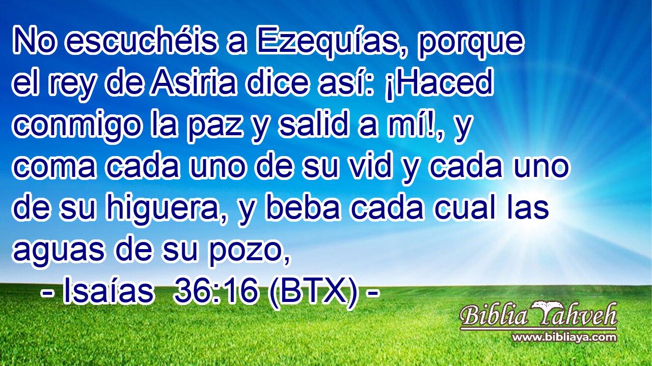 No escuchéis a Ezequías, porque el rey de Asiria dice así: ¡Haced conmigo la paz y salid a mí!, y coma cada uno de su vid y cada uno de su higuera, y beba cada cual las aguas de su pozo,
