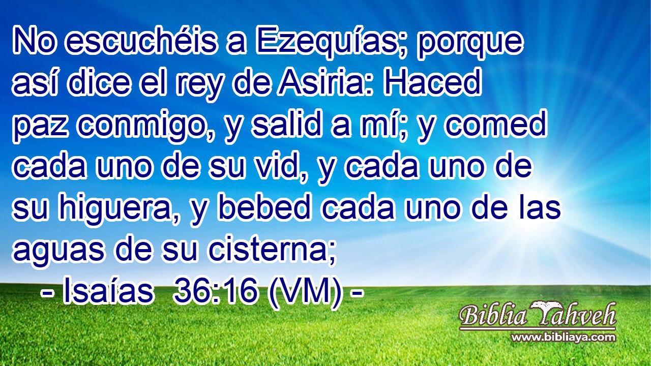  No escuchéis a Ezequías; porque así dice el rey de Asiria: Haced paz conmigo, y salid a mí; y comed cada uno de su vid, y cada uno de su higuera, y bebed cada uno de las aguas de su cisterna; 