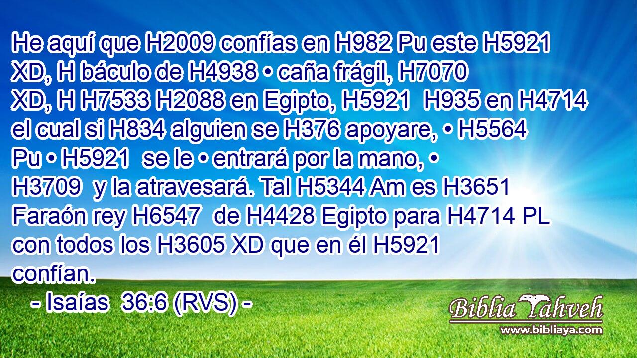 He aquí que H2009 confías en H982 Pu este H5921 XD, H báculo de H4938 • caña frágil, H7070 XD, H H7533 H2088 en Egipto, H5921  H935 en H4714 el cual si H834 alguien se H376 apoyare, • H5564 Pu • H5921  se le • entrará por la mano, • H3709  y la atravesará. Tal H5344 Am es H3651 Faraón rey H6547  de H4428 Egipto para H4714 PL con todos los H3605 XD que en él H5921  confían. 