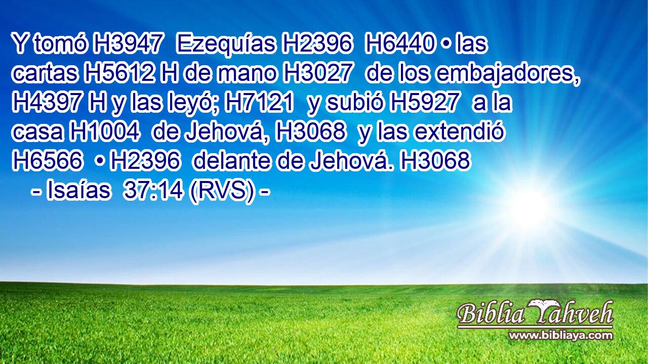 Y tomó H3947  Ezequías H2396  H6440 • las cartas H5612 H de mano H3027  de los embajadores, H4397 H y las leyó; H7121  y subió H5927  a la casa H1004  de Jehová, H3068  y las extendió H6566  • H2396  delante de Jehová. H3068  