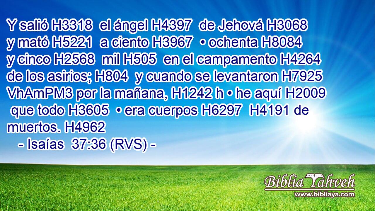 Y salió H3318  el ángel H4397  de Jehová H3068  y mató H5221  a ciento H3967  • ochenta H8084  y cinco H2568  mil H505  en el campamento H4264  de los asirios; H804  y cuando se levantaron H7925 VhAmPM3 por la mañana, H1242 h • he aquí H2009  que todo H3605  • era cuerpos H6297  H4191 de muertos. H4962  