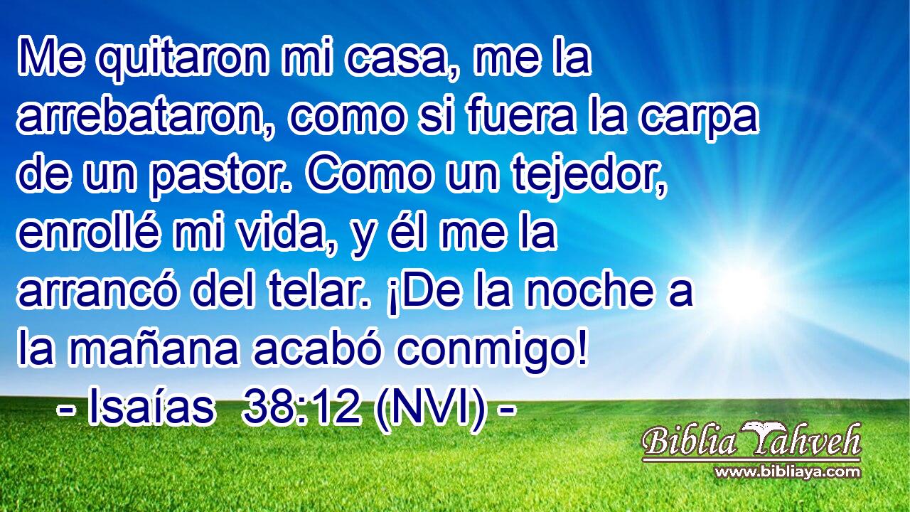  Me quitaron mi casa, me la arrebataron, como si fuera la carpa de un pastor. Como un tejedor, enrollé mi vida, y él me la arrancó del telar. ¡De la noche a la mañana acabó conmigo! 