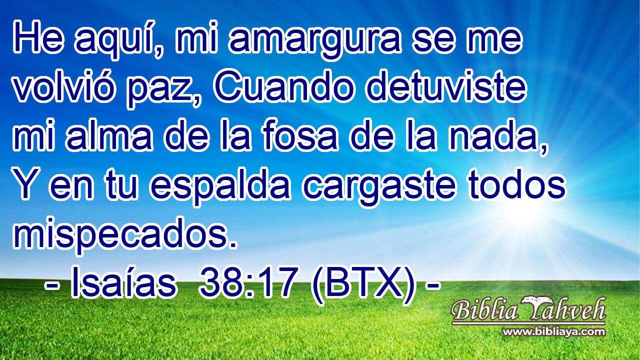 He aquí, mi amargura se me volvió paz, Cuando detuviste mi alma de la fosa de la nada, Y en tu espalda cargaste todos mispecados.