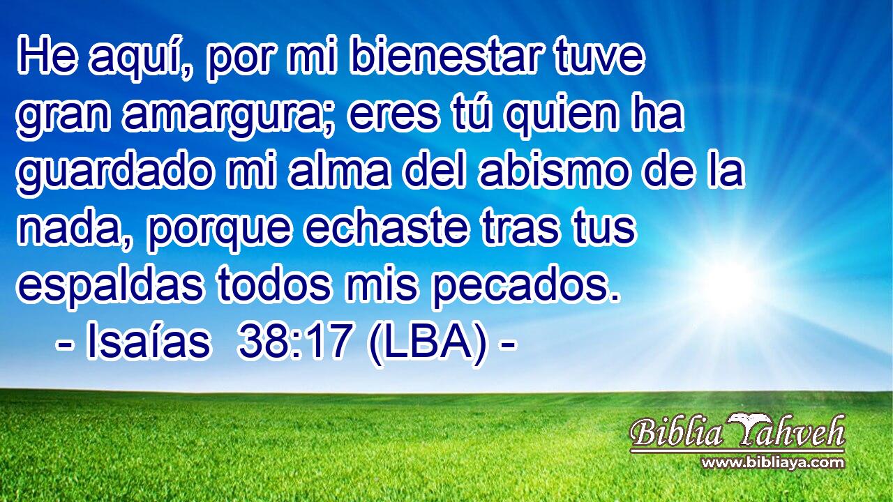 He aquí, por mi bienestar tuve gran amargura; eres tú quien ha guardado mi alma del abismo de la nada, porque echaste tras tus espaldas todos mis pecados.