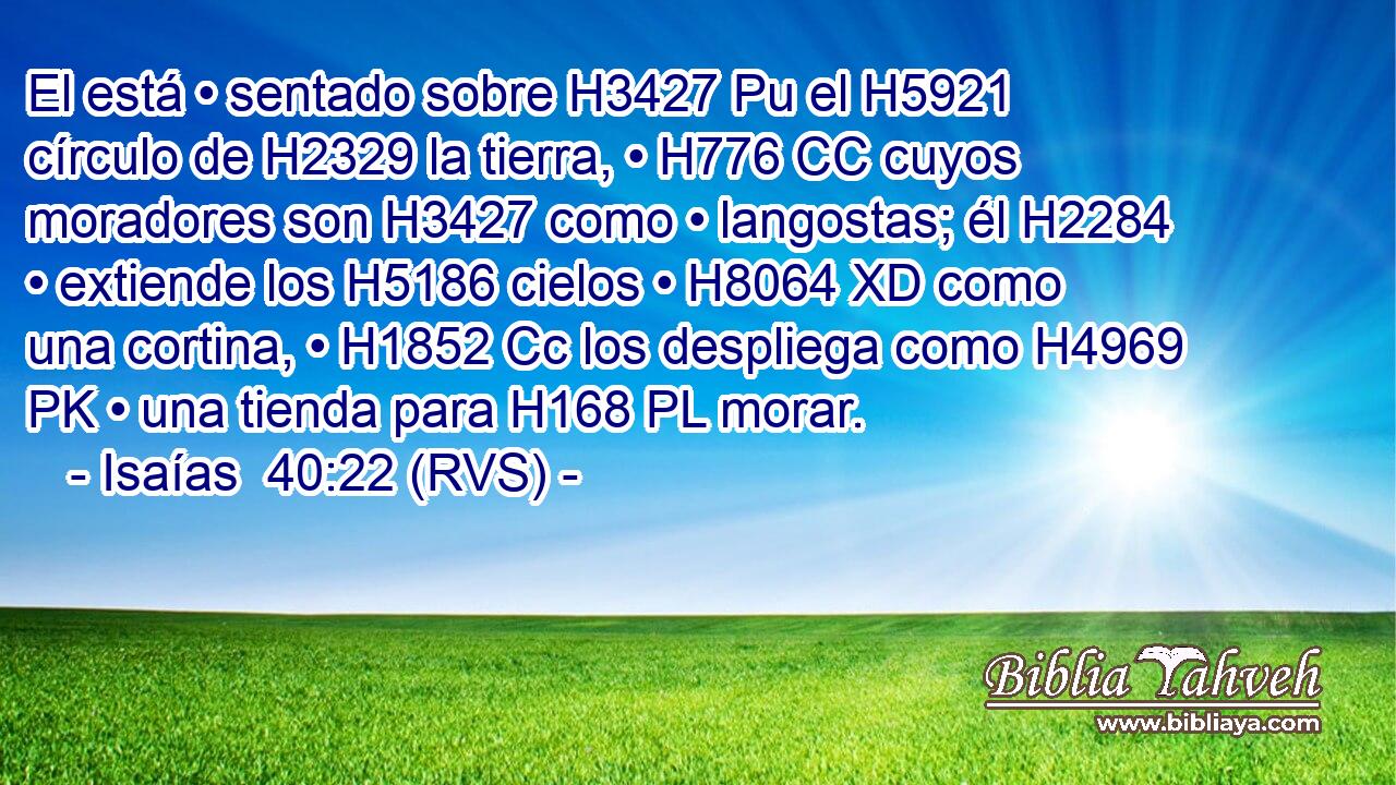 El está • sentado sobre H3427 Pu el H5921 círculo de H2329 la tierra, • H776 CC cuyos moradores son H3427 como • langostas; él H2284 • extiende los H5186 cielos • H8064 XD como una cortina, • H1852 Cc los despliega como H4969 PK • una tienda para H168 PL morar. 