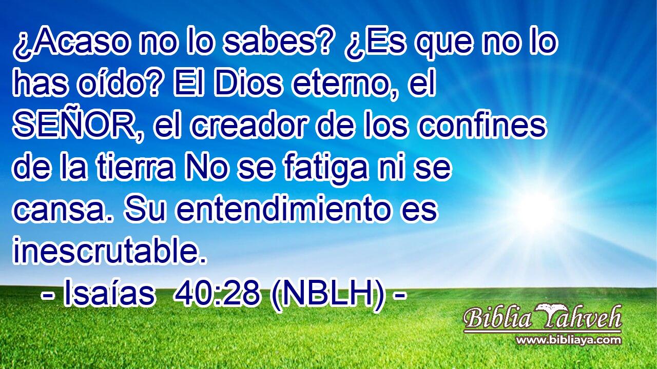  ¿Acaso no lo sabes? ¿Es que no lo has oído? El Dios eterno, el SEÑOR, el creador de los confines de la tierra No se fatiga ni se cansa. Su entendimiento es inescrutable. 