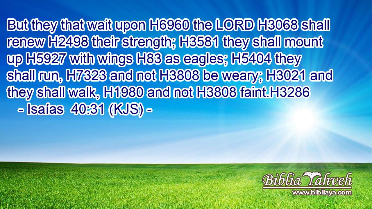 But they that wait upon H6960 the LORD H3068 shall renew H2498 their strength; H3581 they shall mount up H5927 with wings H83 as eagles; H5404 they shall run, H7323 and not H3808 be weary; H3021 and they shall walk, H1980 and not H3808 faint.H3286