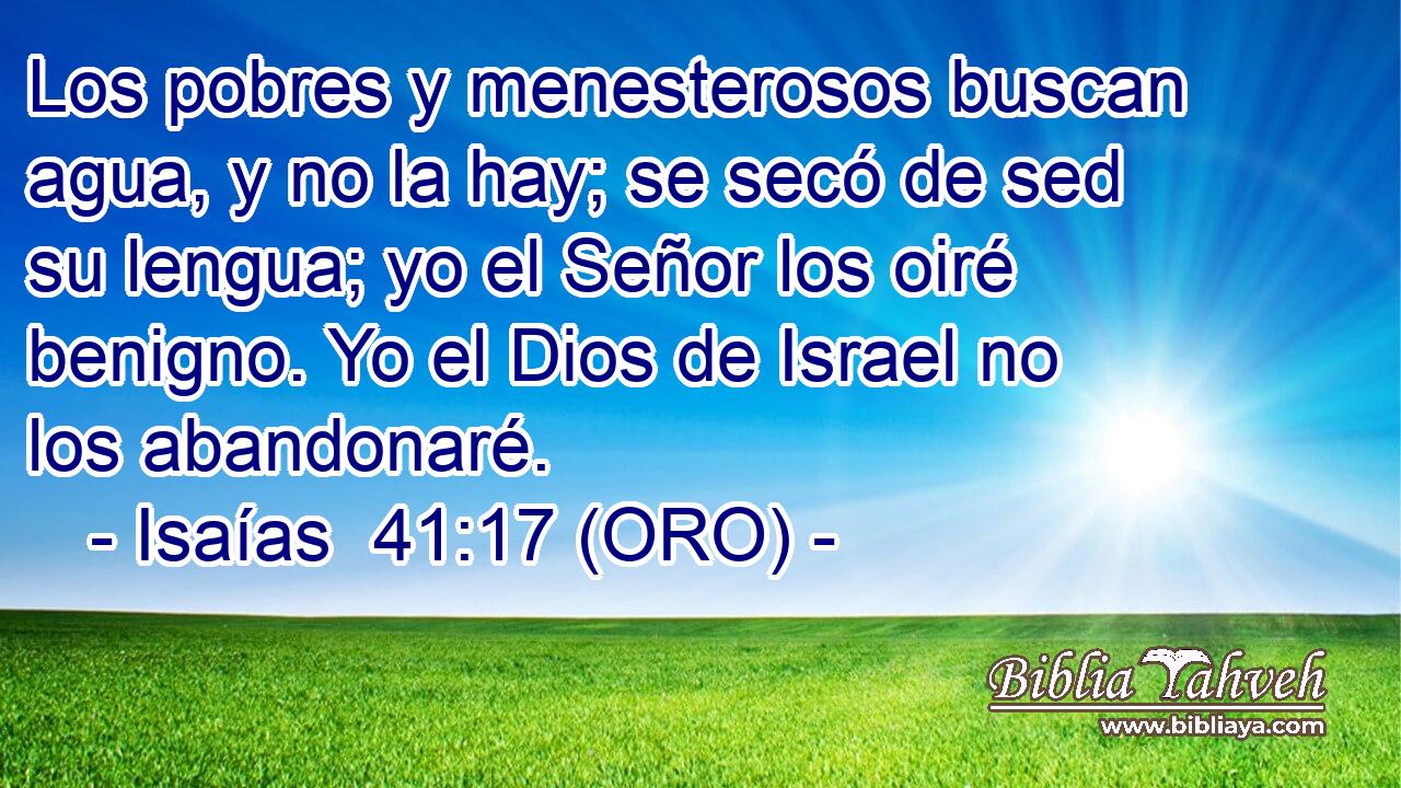  Los pobres y menesterosos buscan agua, y no la hay; se secó de sed su lengua; yo el Señor los oiré benigno. Yo el Dios de Israel no los abandonaré. 