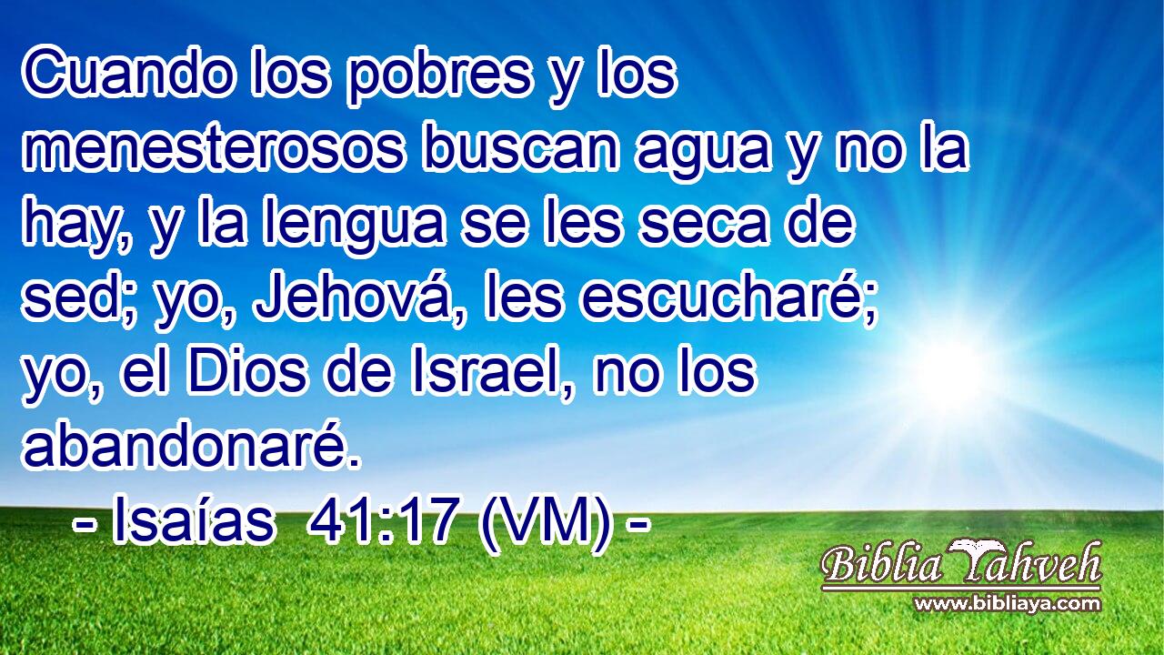  Cuando los pobres y los menesterosos buscan agua y no la hay, y la lengua se les seca de sed; yo, Jehová, les escucharé; yo, el Dios de Israel, no los abandonaré. 