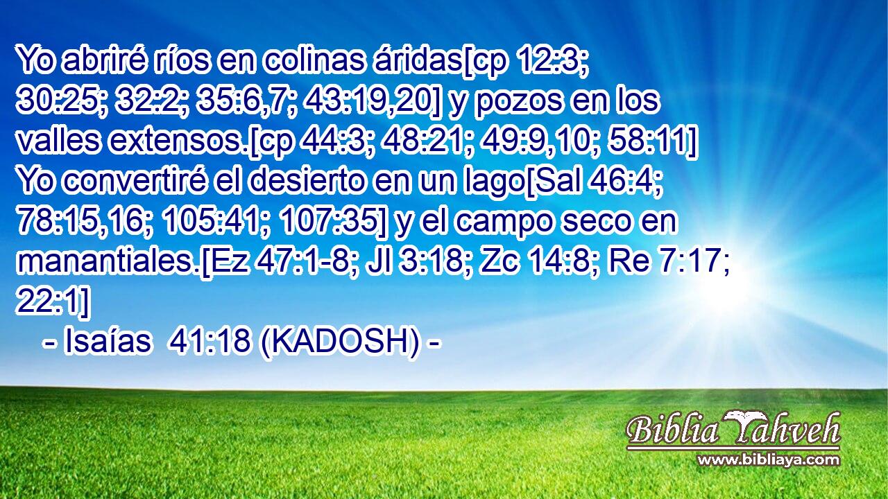  Yo abriré ríos en colinas áridas[cp 12:3; 30:25; 32:2; 35:6,7; 43:19,20] y pozos en los valles extensos.[cp 44:3; 48:21; 49:9,10; 58:11] Yo convertiré el desierto en un lago[Sal 46:4; 78:15,16; 105:41; 107:35] y el campo seco en manantiales.[Ez 47:1-8; Jl 3:18; Zc 14:8; Re 7:17; 22:1] 